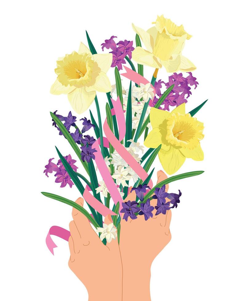 Bouquet of yellow daffodils, white, pink, purple hyacinths and pink ribbons. Greeting card for Mother's Day, Women's Day, March 8. spring bouquet in hands, gift for parents. vector
