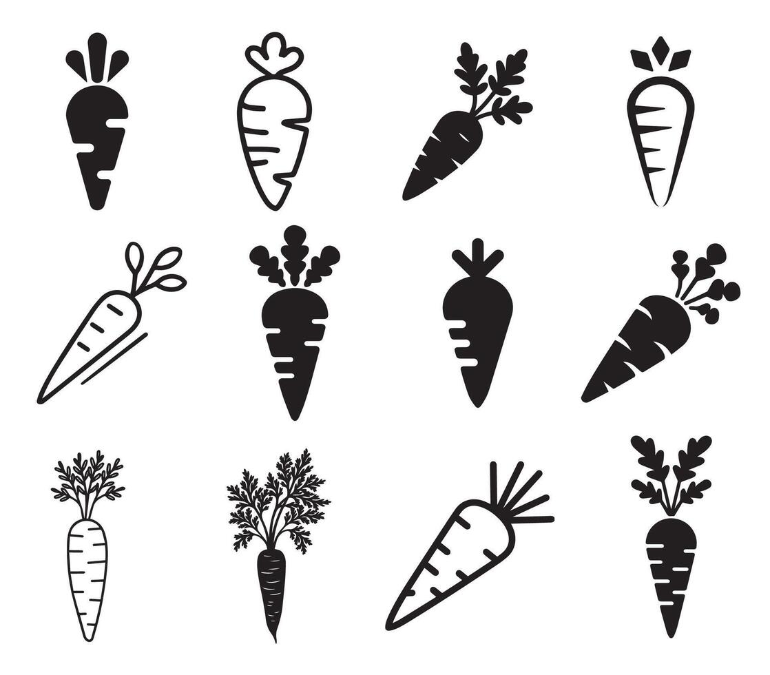 Carrot Illustrations with Green Tops, Roots, and Simple Designs vector