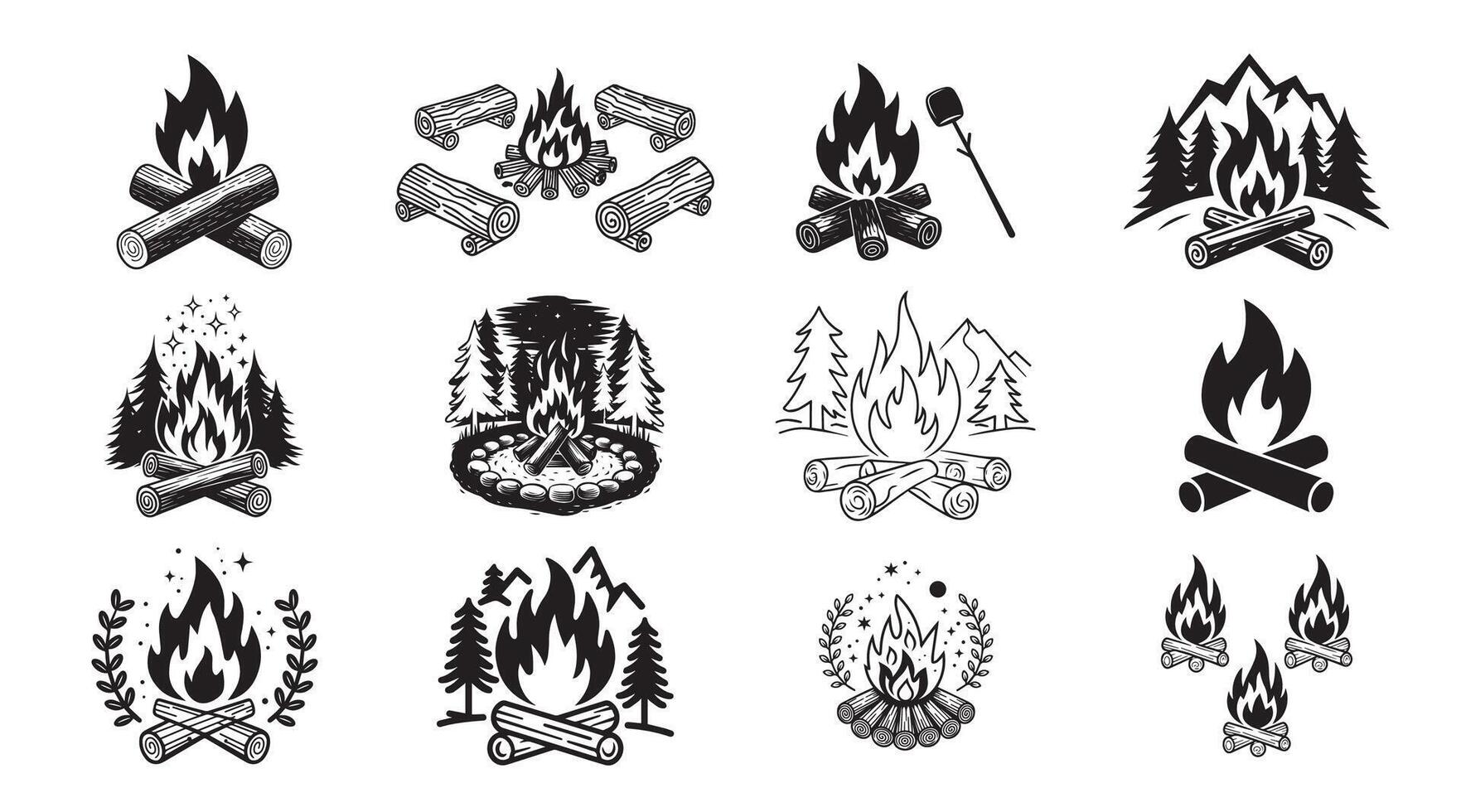 Campfire and Bonfire Designs with Flames, Logs, and Mountain Backdrops vector