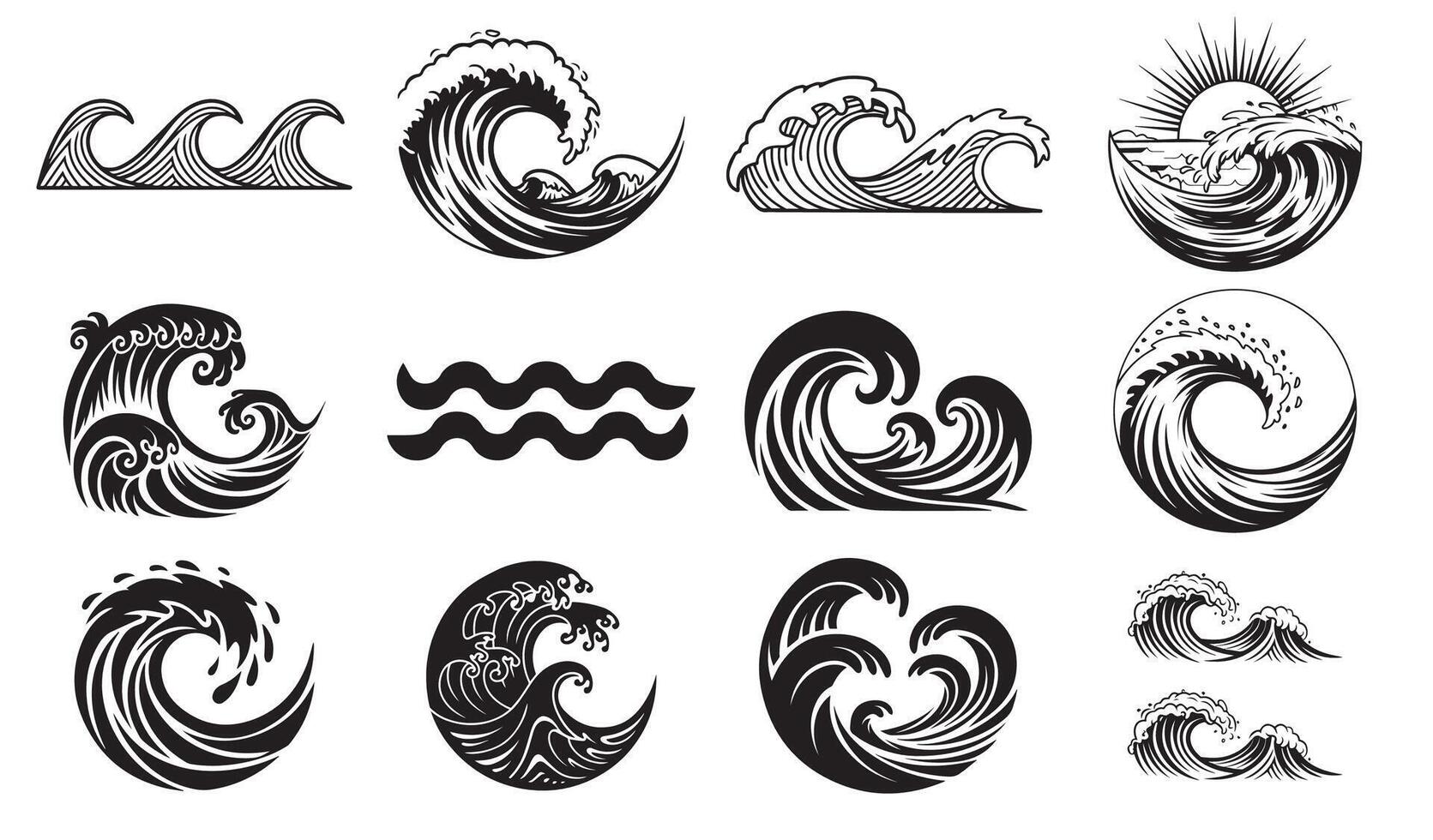 Ocean Wave Designs with Dynamic Curves, Water Swirls, and Sun Elements vector