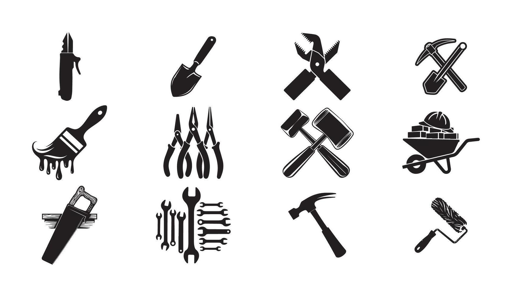 Set of Bold Black and White Hand Tools Illustrations vector