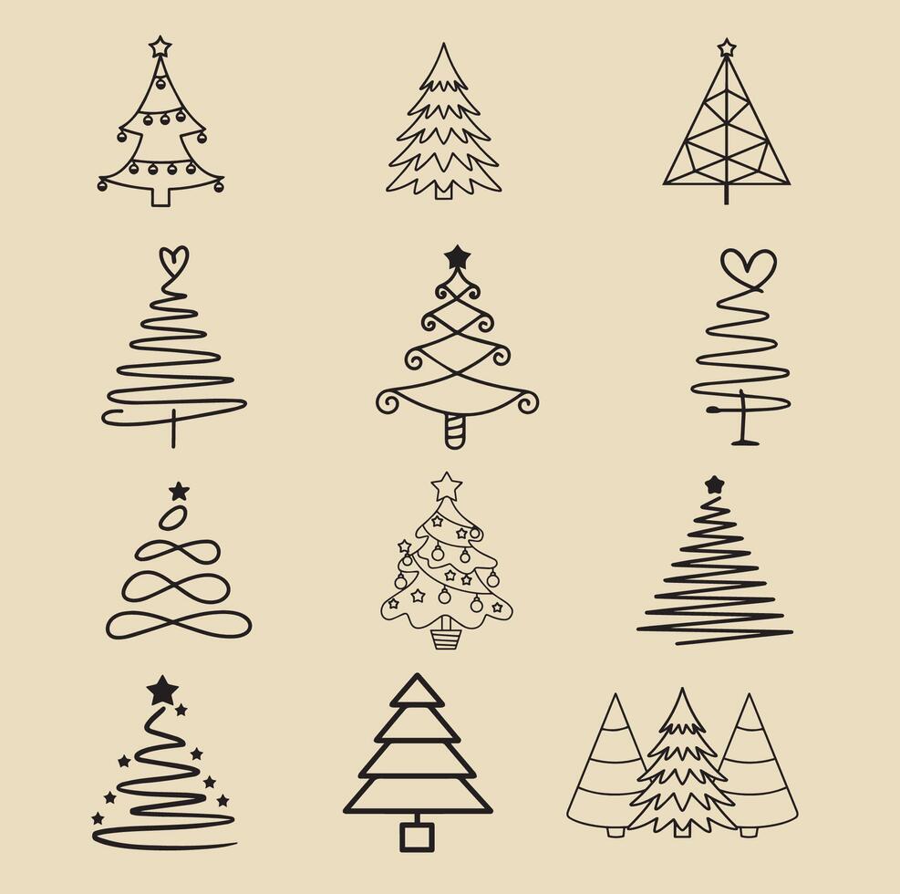 Christmas Trees Lineart Silhouette bundle. vector