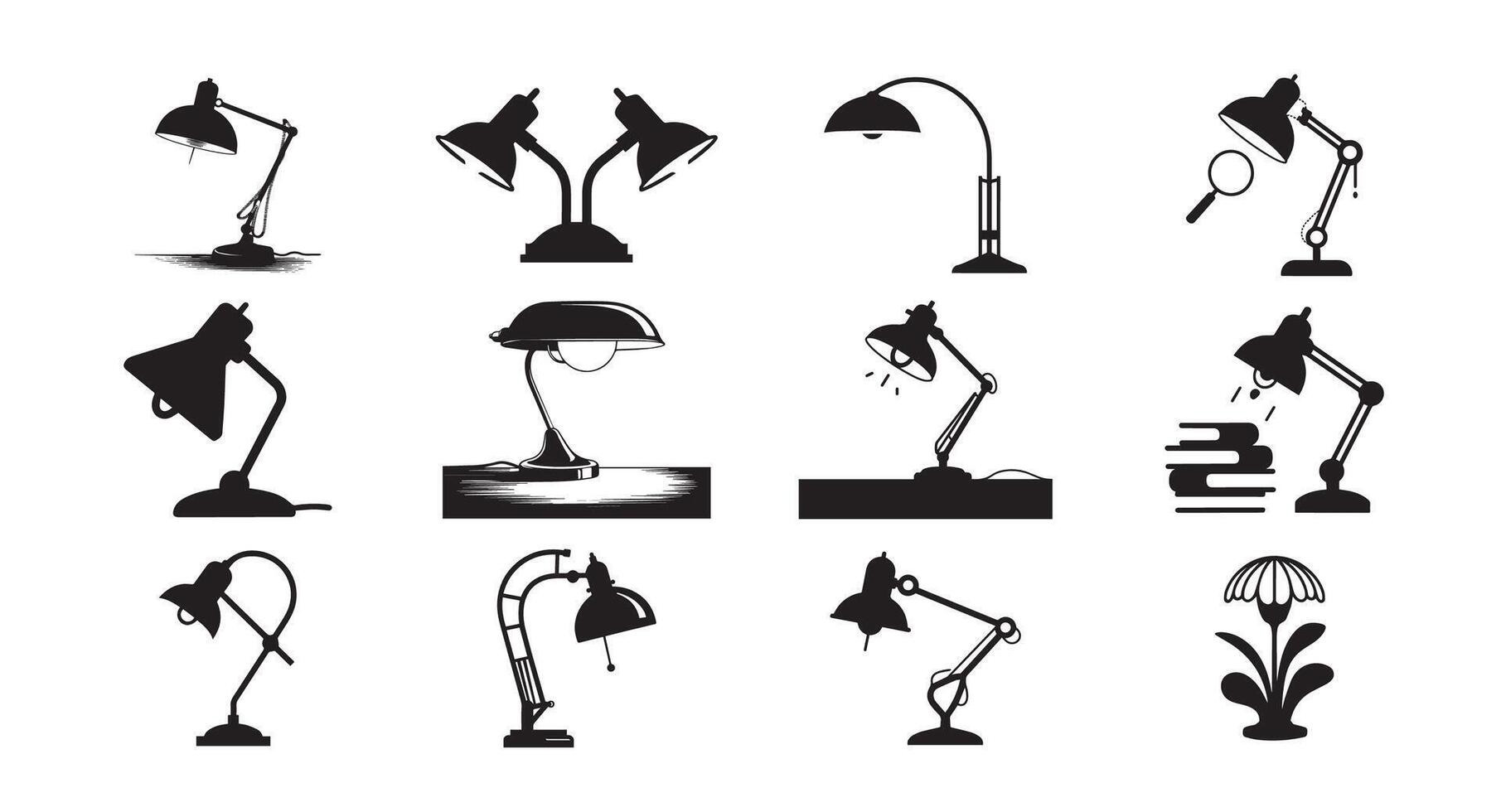 Desk Lamp Designs with Adjustable Stands, Magnifying Glasses, and Light Effects vector