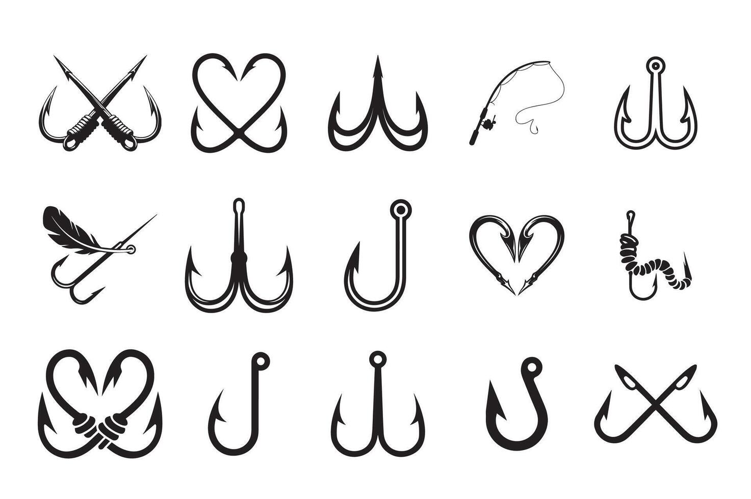 Fishing Hook Designs with Creative Shapes, Hearts, and Angles vector