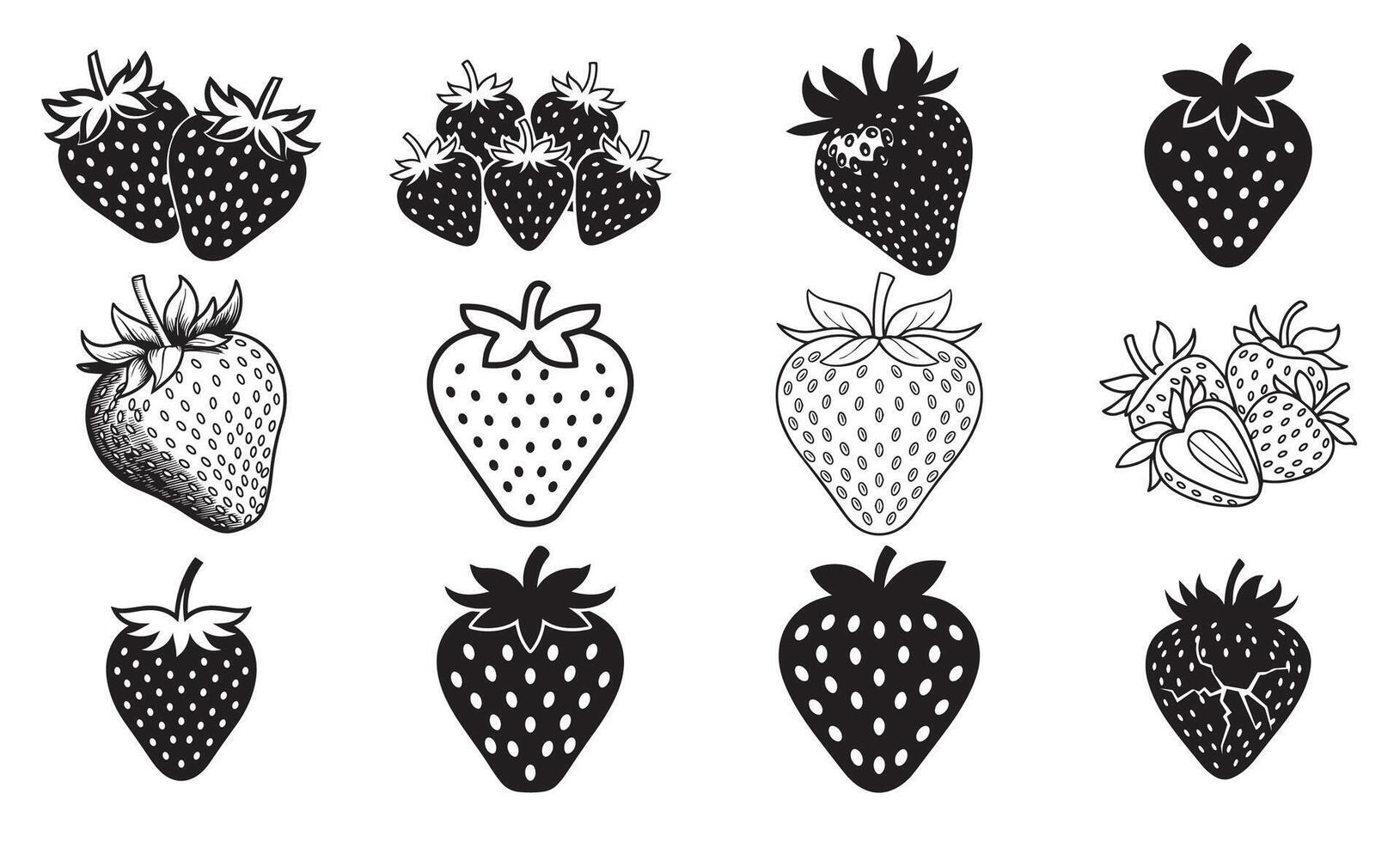 Strawberry Designs with Detailed Seeds, Leaves, and Stylized Variations vector