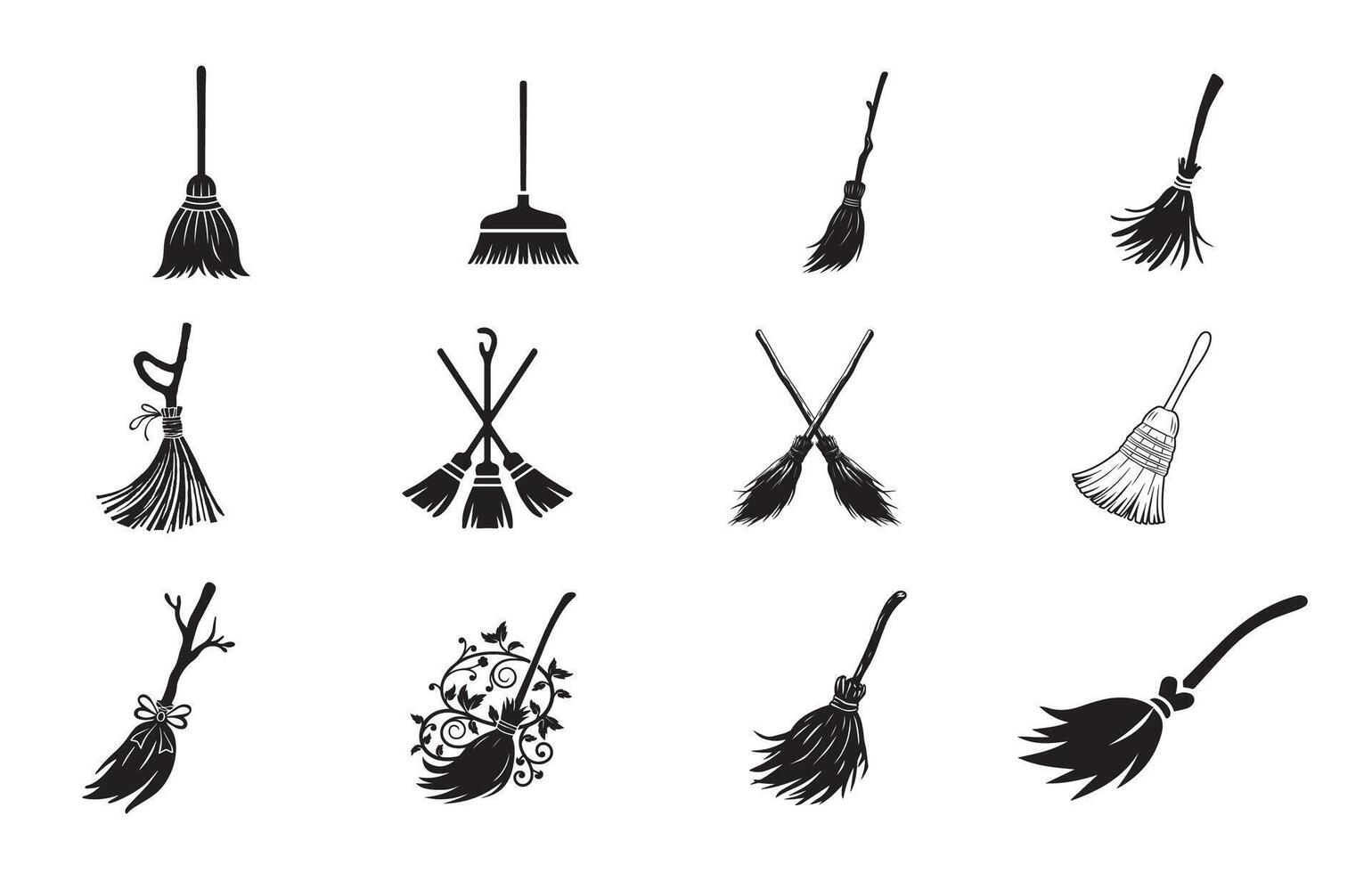 Vintage Broomstick Designs with Decorative Details and Bundled Twigs vector