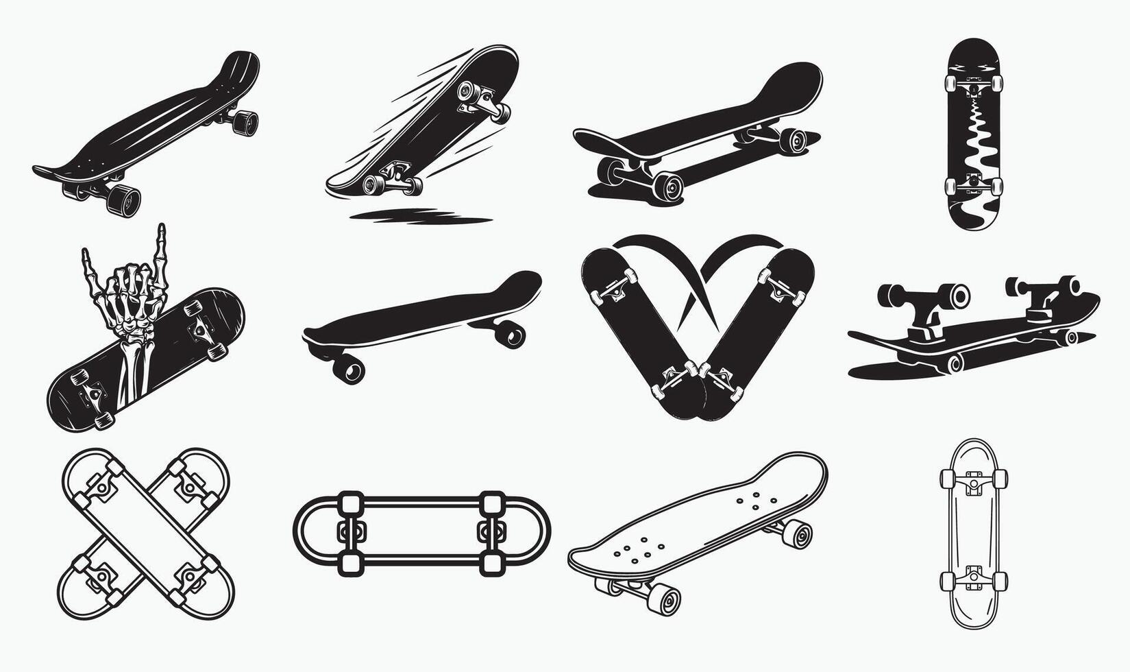 Skateboard Designs with Tricks, Decks, and Creative Elements vector