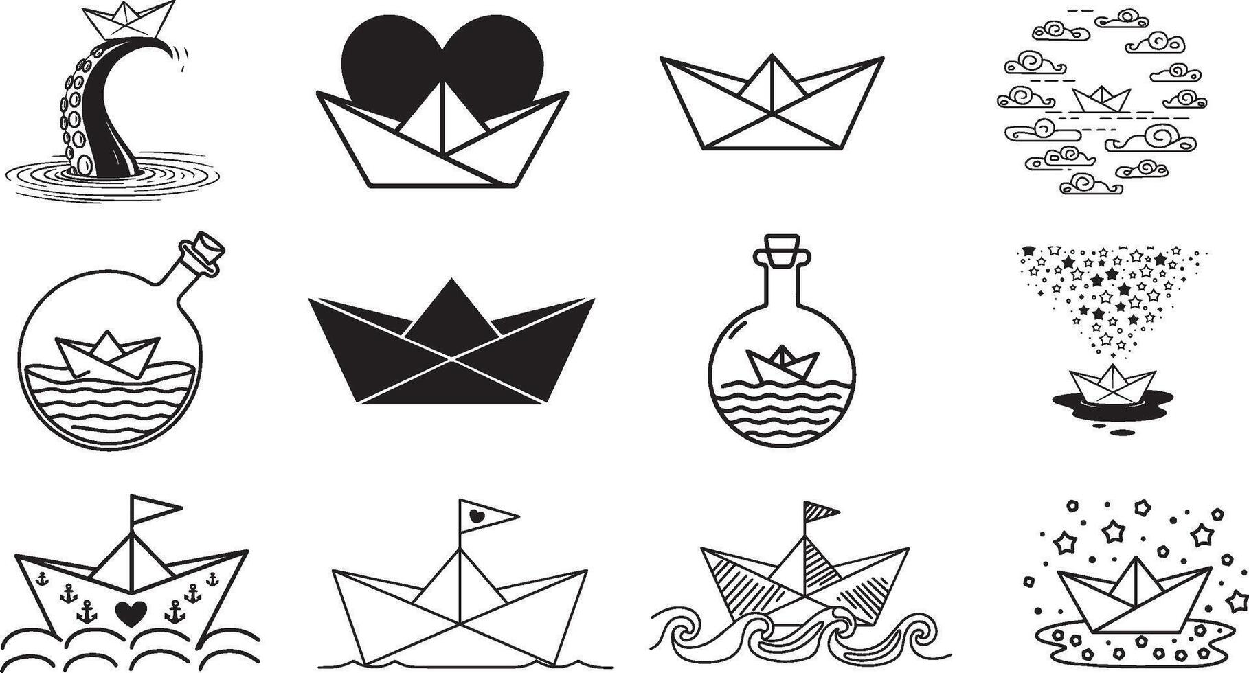 Origami Boat Designs with Water, Bottles, and Heart Elements vector