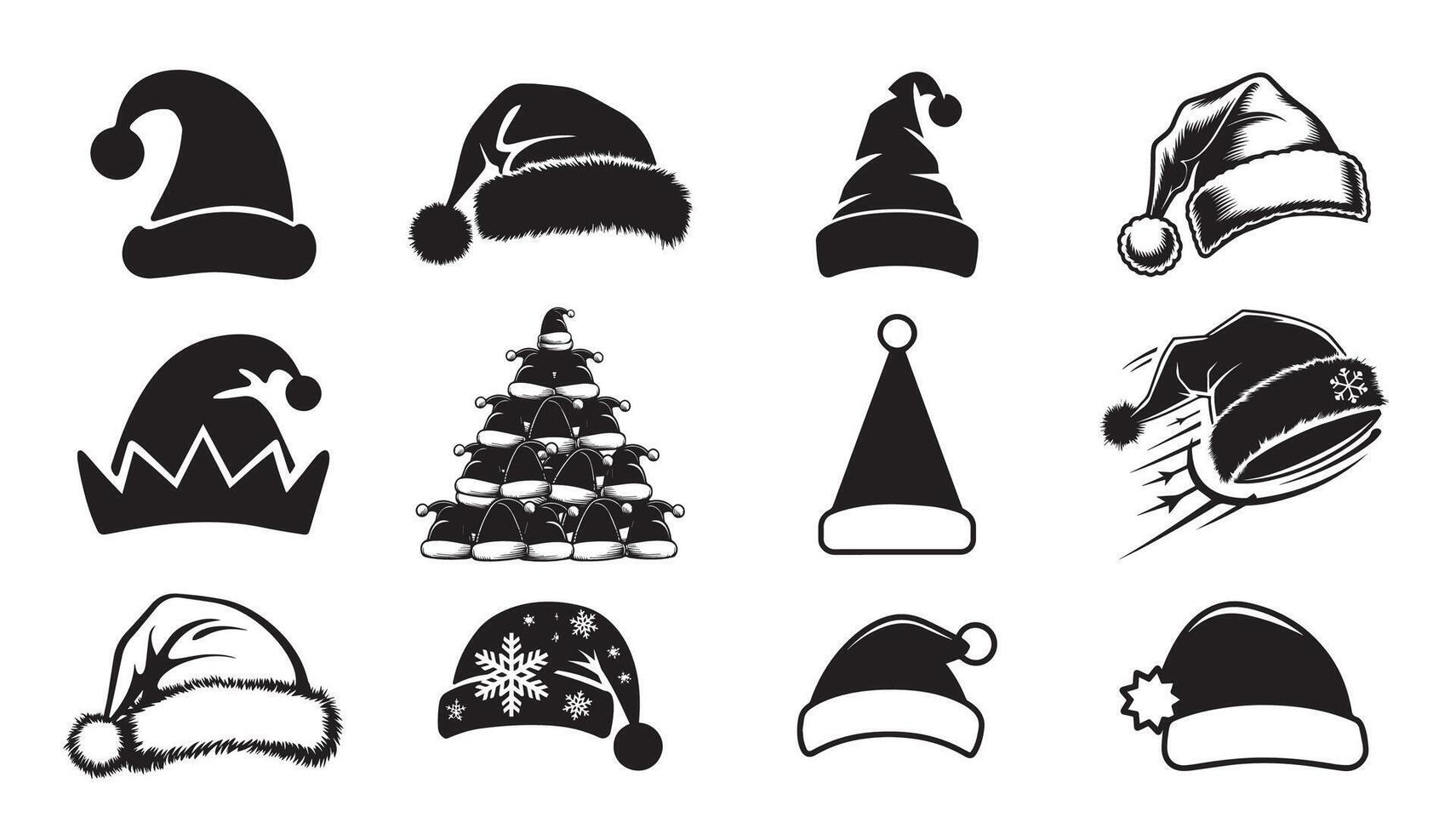 Collection of Festive Black and White Christmas and Santa Hats Illustrations vector