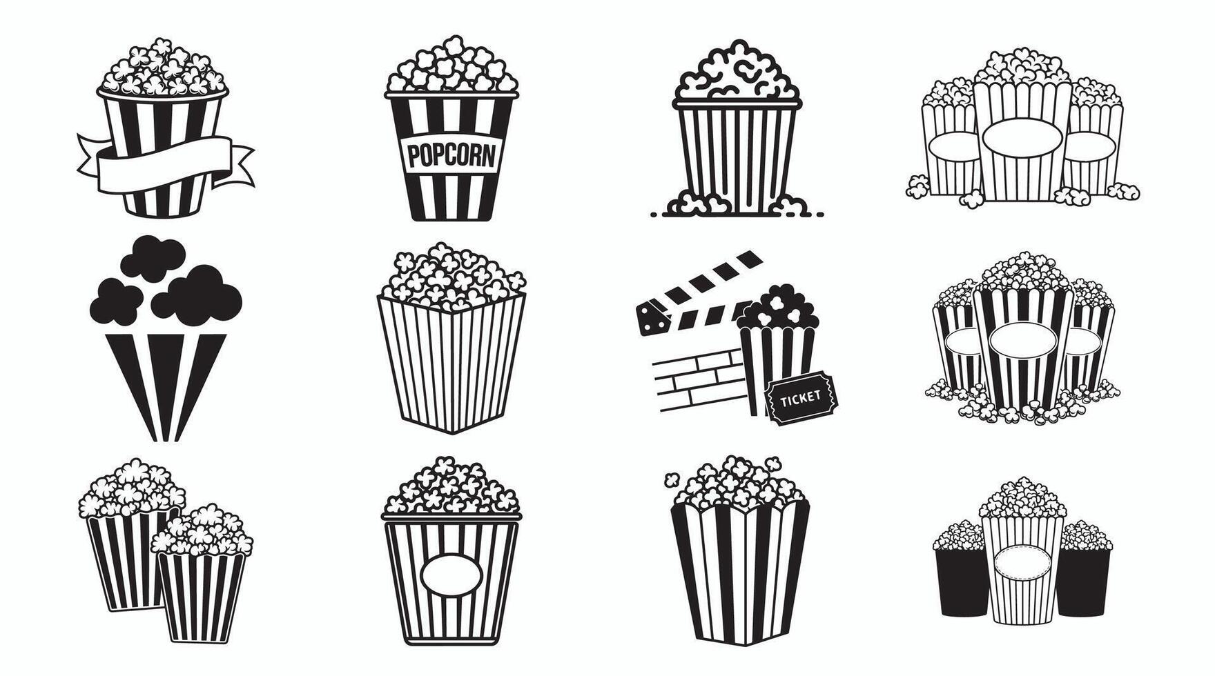 Popcorn Silhouette bundle, Popcorn icon Set. vector