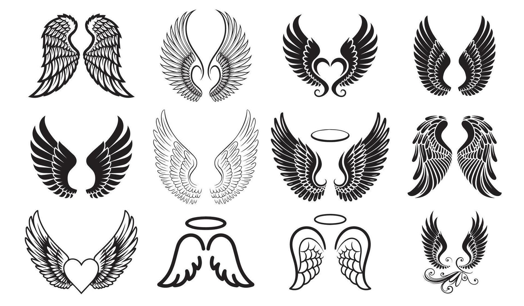 Angel and Bird Wing Designs with Heart, Halo, and Feather Details vector