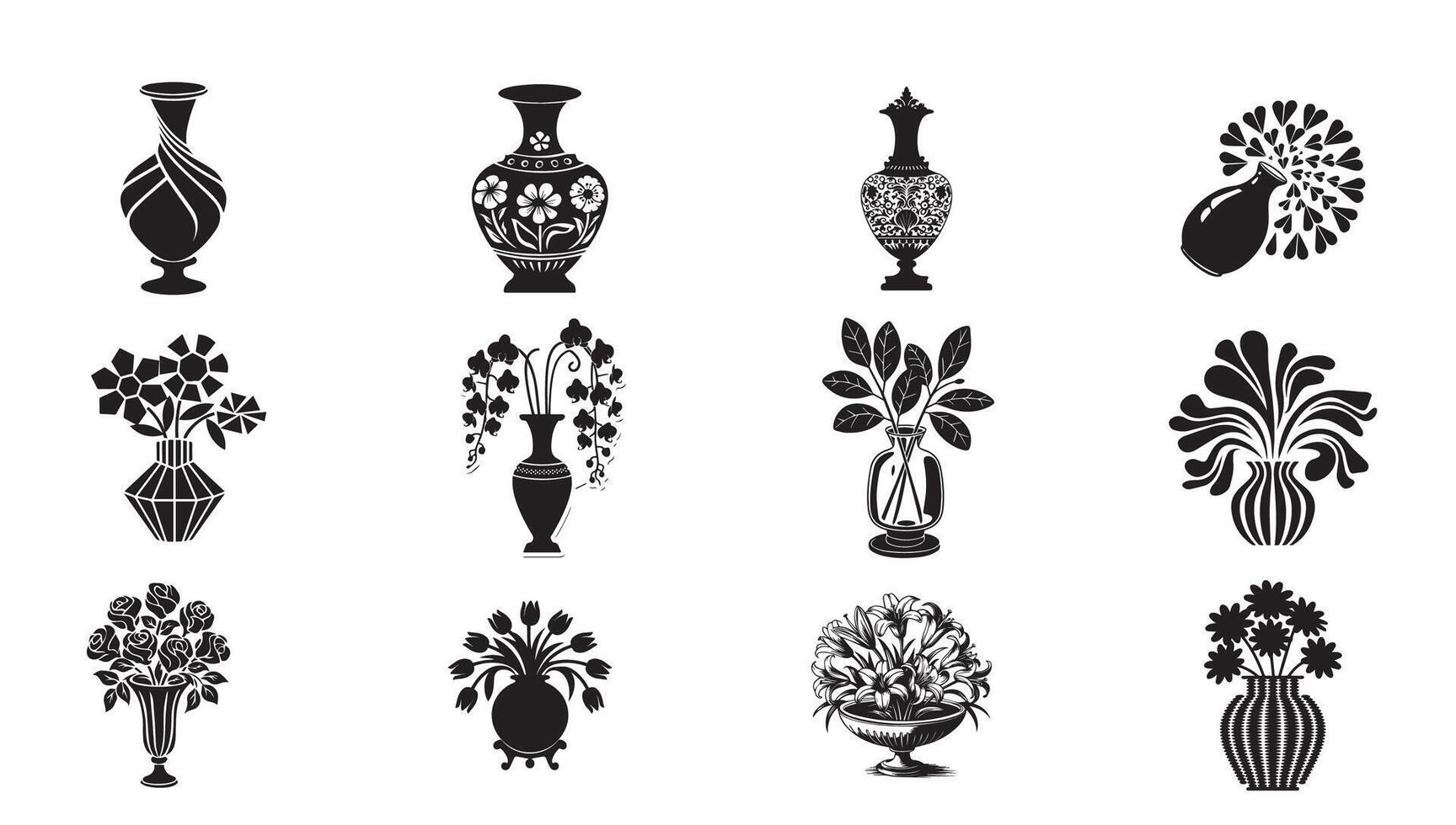 Elegant Black and White Flower Vase Illustrations vector