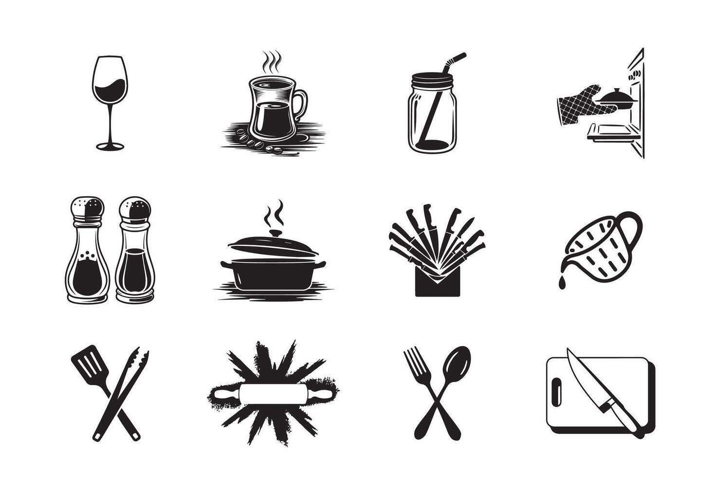 Kitchen and Cooking Tools Designs with Utensils, Glassware, and Seasoning vector