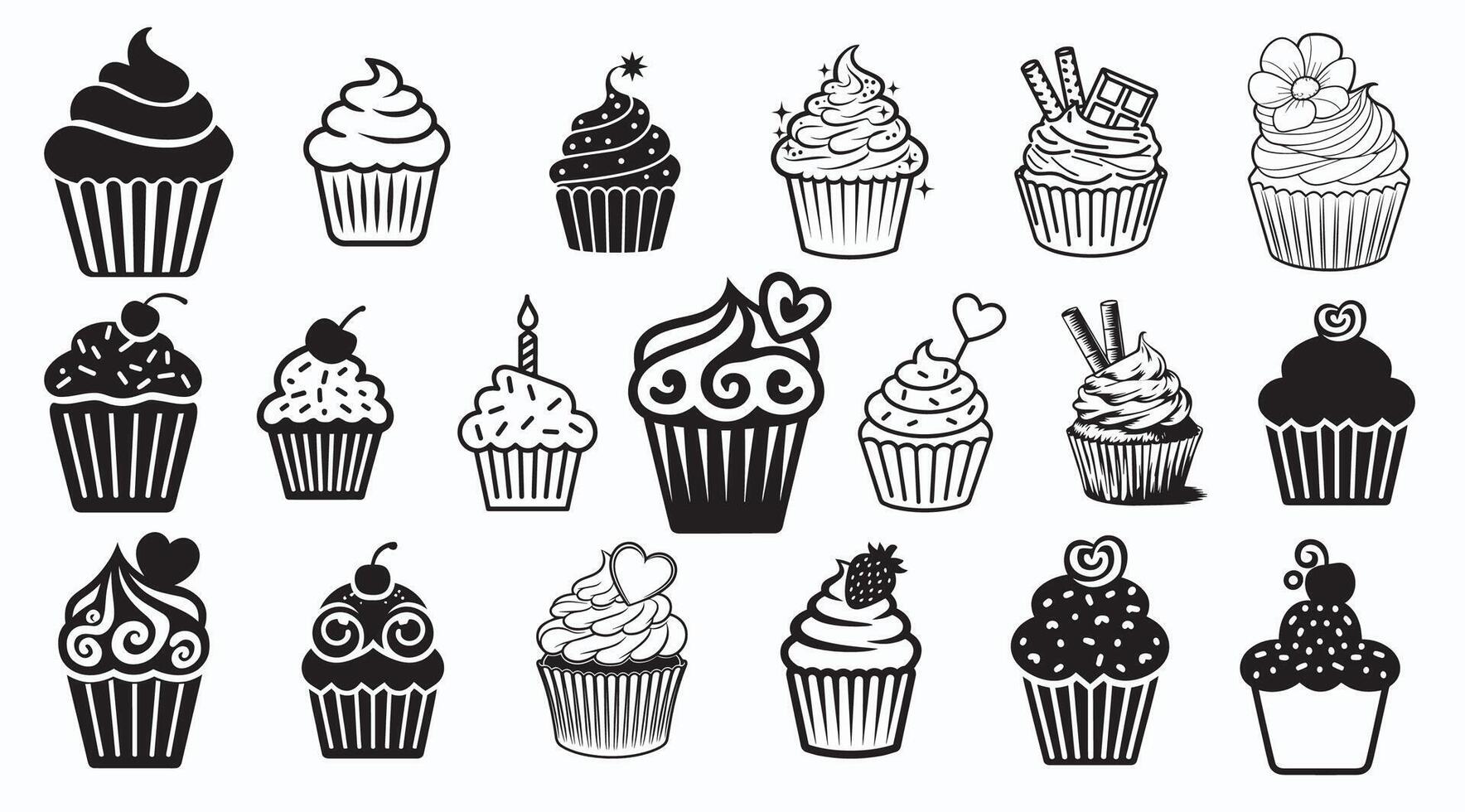 Cupcake Silhouette bundle, Cupcake icon Set. vector