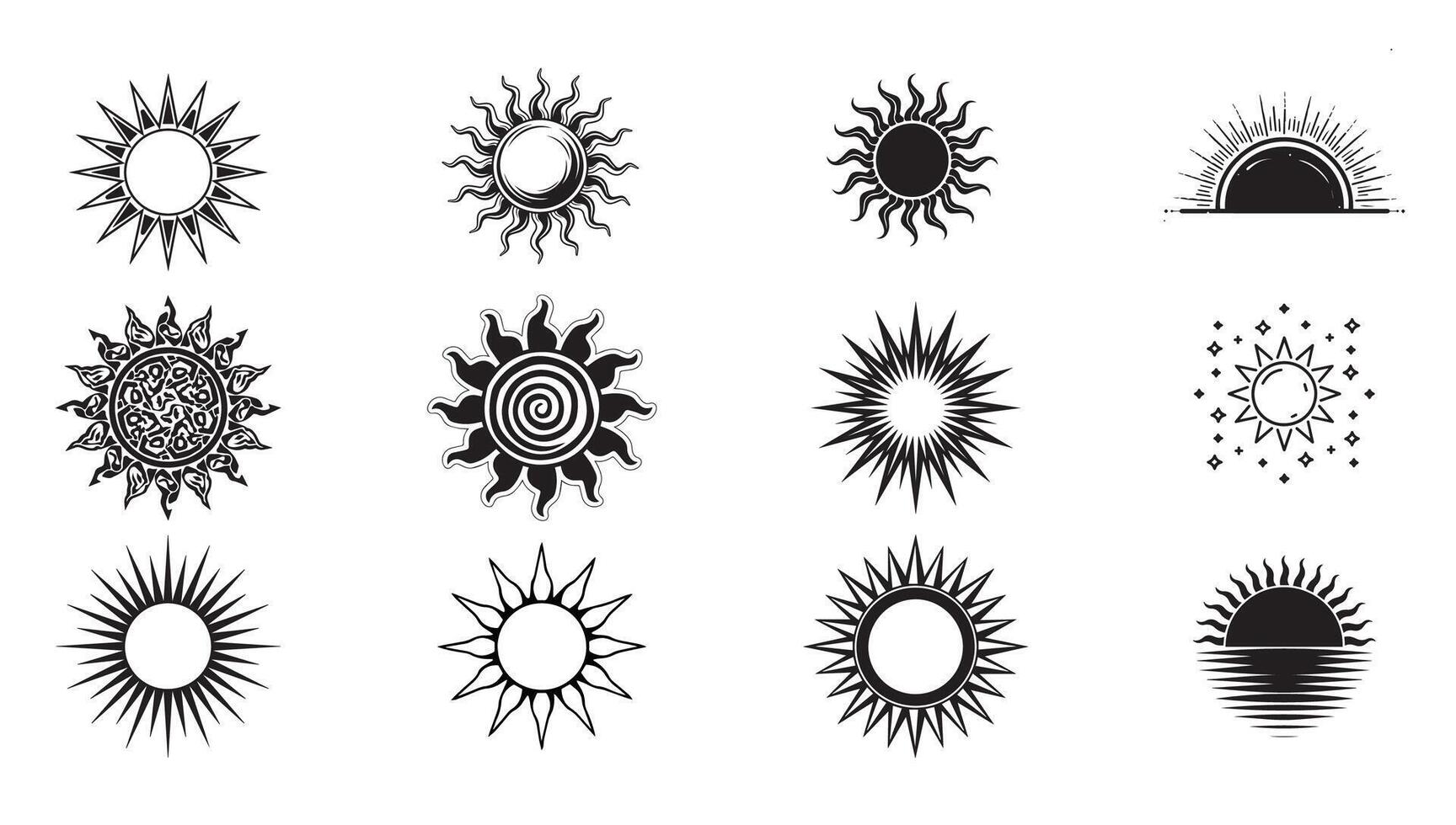 Collection of Intricate Black and White Sun Illustrations vector