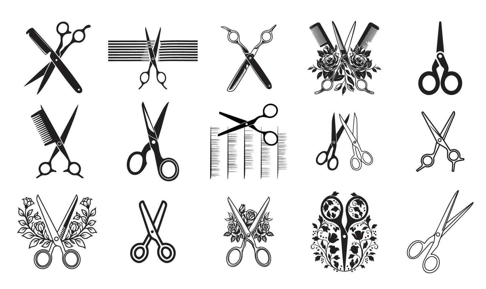 Scissors Designs with Various Styles, Handles, and Cutting Elements vector