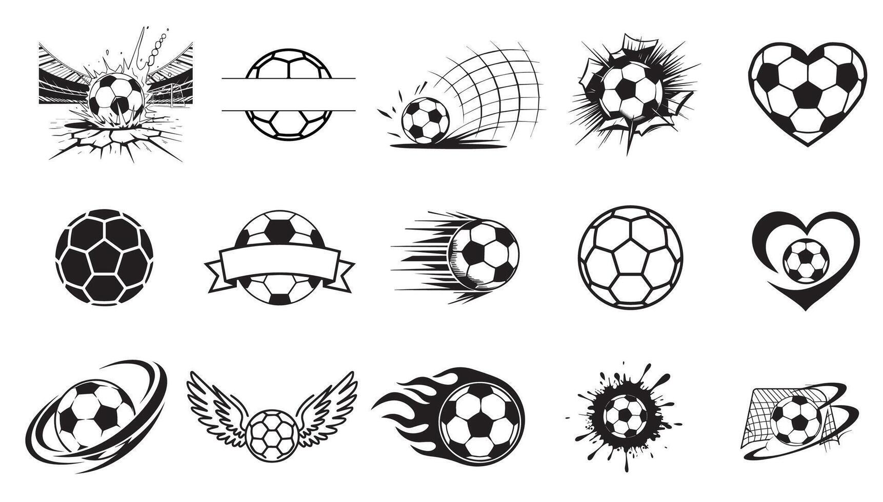 Soccer Ball Designs with Motion, Netting, and Heart Elements vector