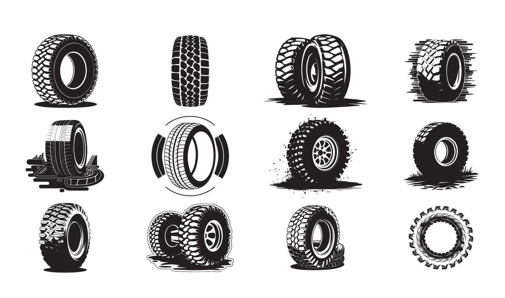 Set of Dynamic Black and White Tire Illustrations vector