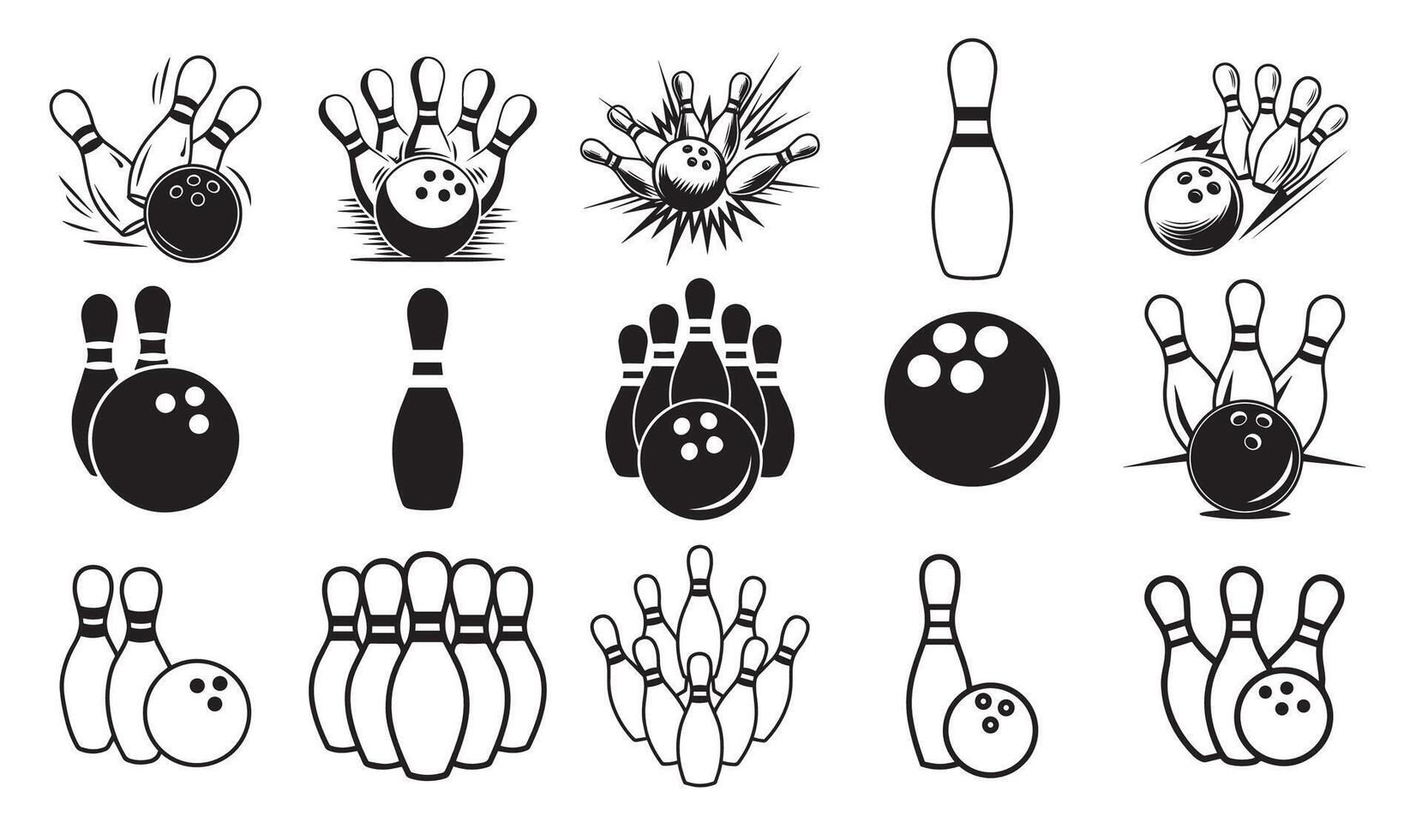 Bowling Pin and Ball Designs with Action, Strikes, and Motion Effects vector