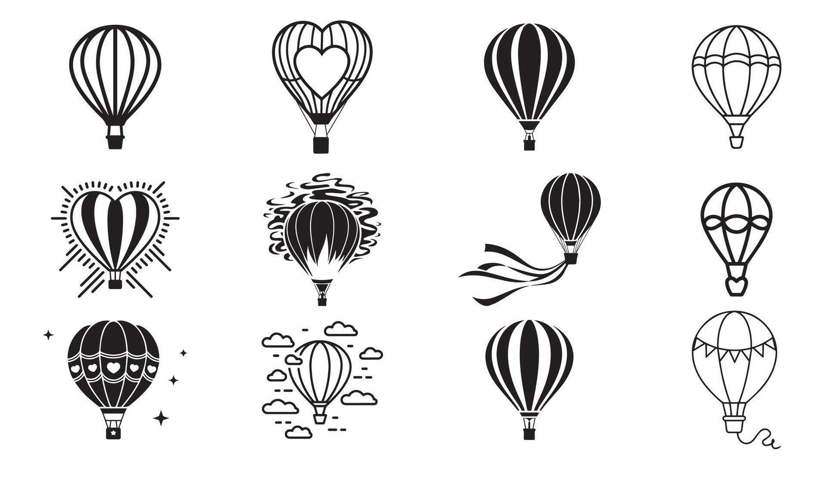 Set of Stylish Black and White Hot Air Balloon Illustrations vector