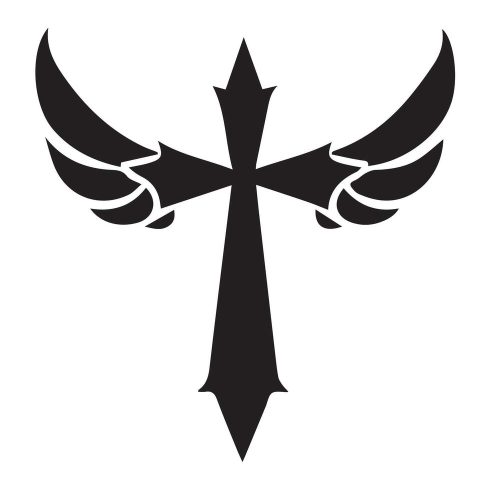 Black Gothic Cross with Wings Silhouette vector