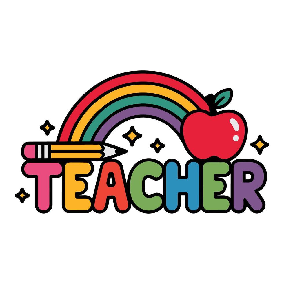 Colorful Teacher Typography with Rainbow and Apple vector