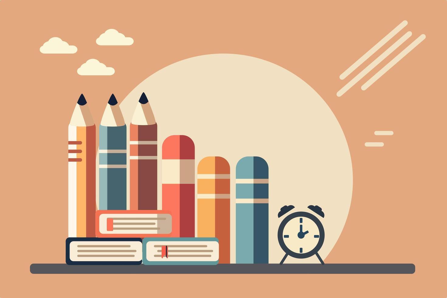 simple background with education theme. illustration of stationery, books, and clock on orange background. vector