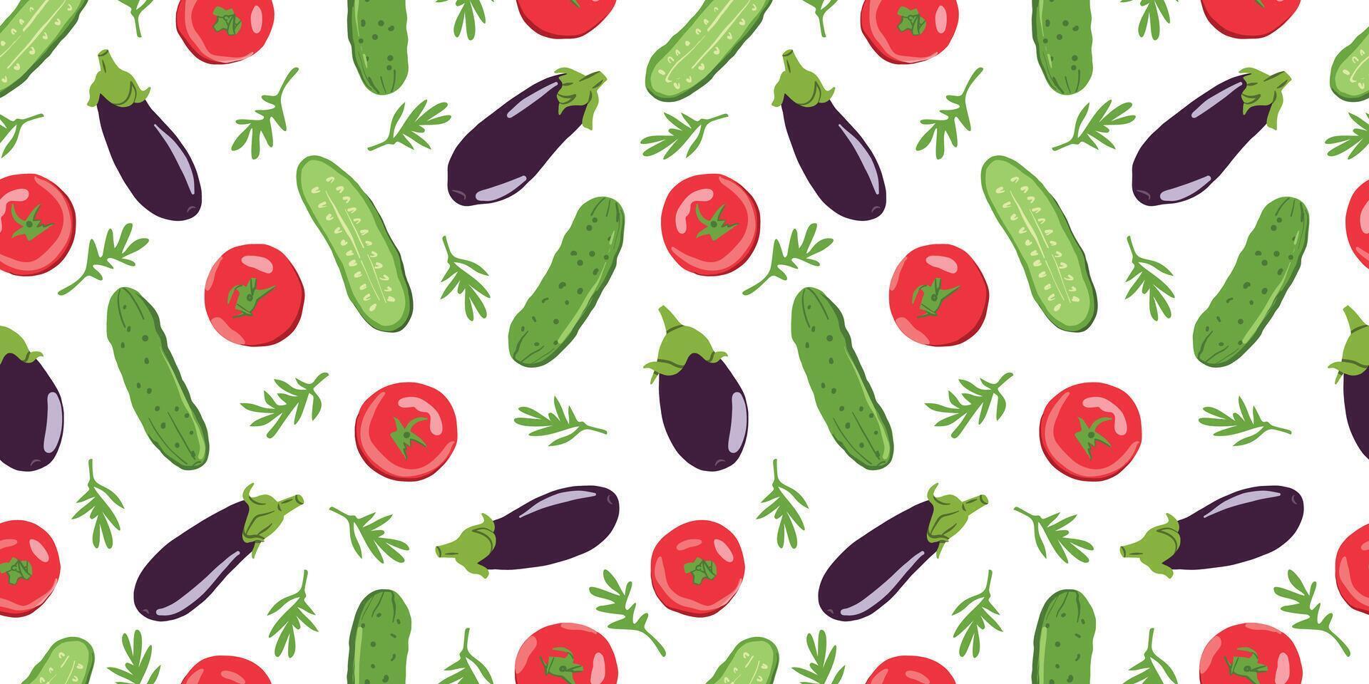 Vegetable seamless pattern with fresh tomatoes, cucumbers, eggplants and dill on a white background vector