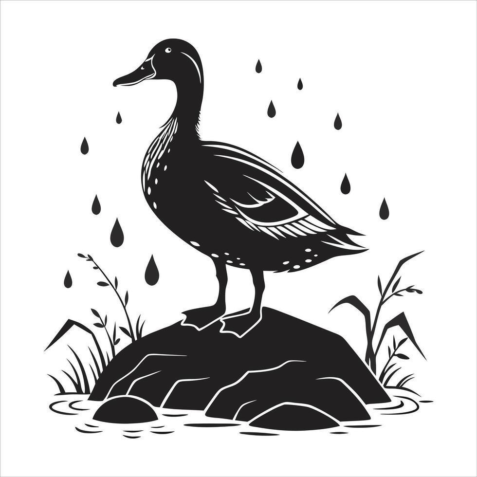 Duck perched on river rock vector
