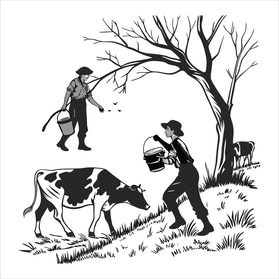 A painting of two people milking a cow vector