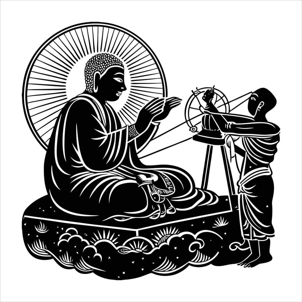 A golden Buddha statue sits in meditation vector