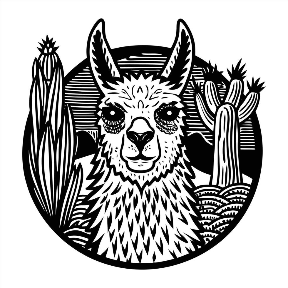 A cartoon llama with a cactus vector