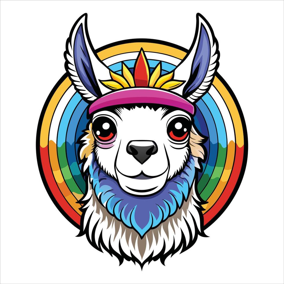 A colorful llama with a rainbow vector