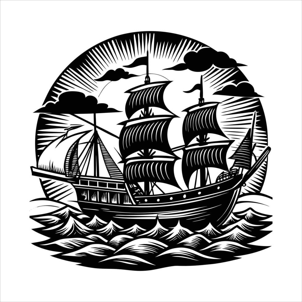 Pirate Ship Sunset Scene vector