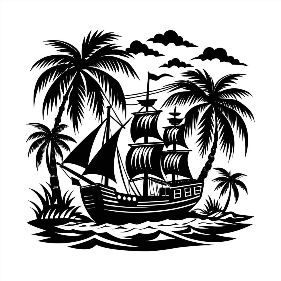 Pirate Ship On Island vector