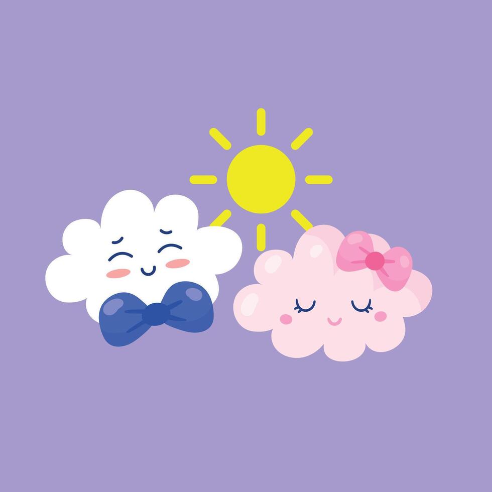 Cute fluffy clouds with happy expressions and bows under a bright sun on a pastel purple background vector