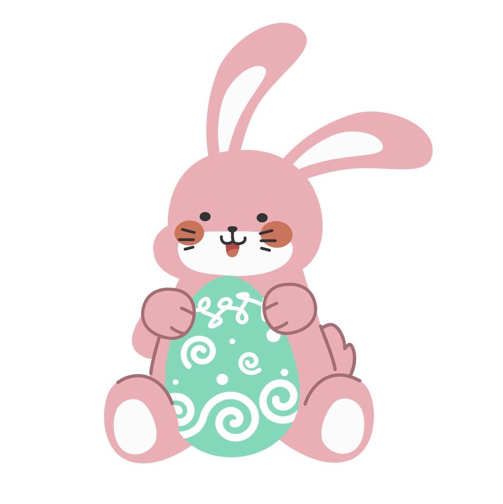 Cute little pink Easter bunny sitting and carrying, sitting or holding an Easter egg. vector