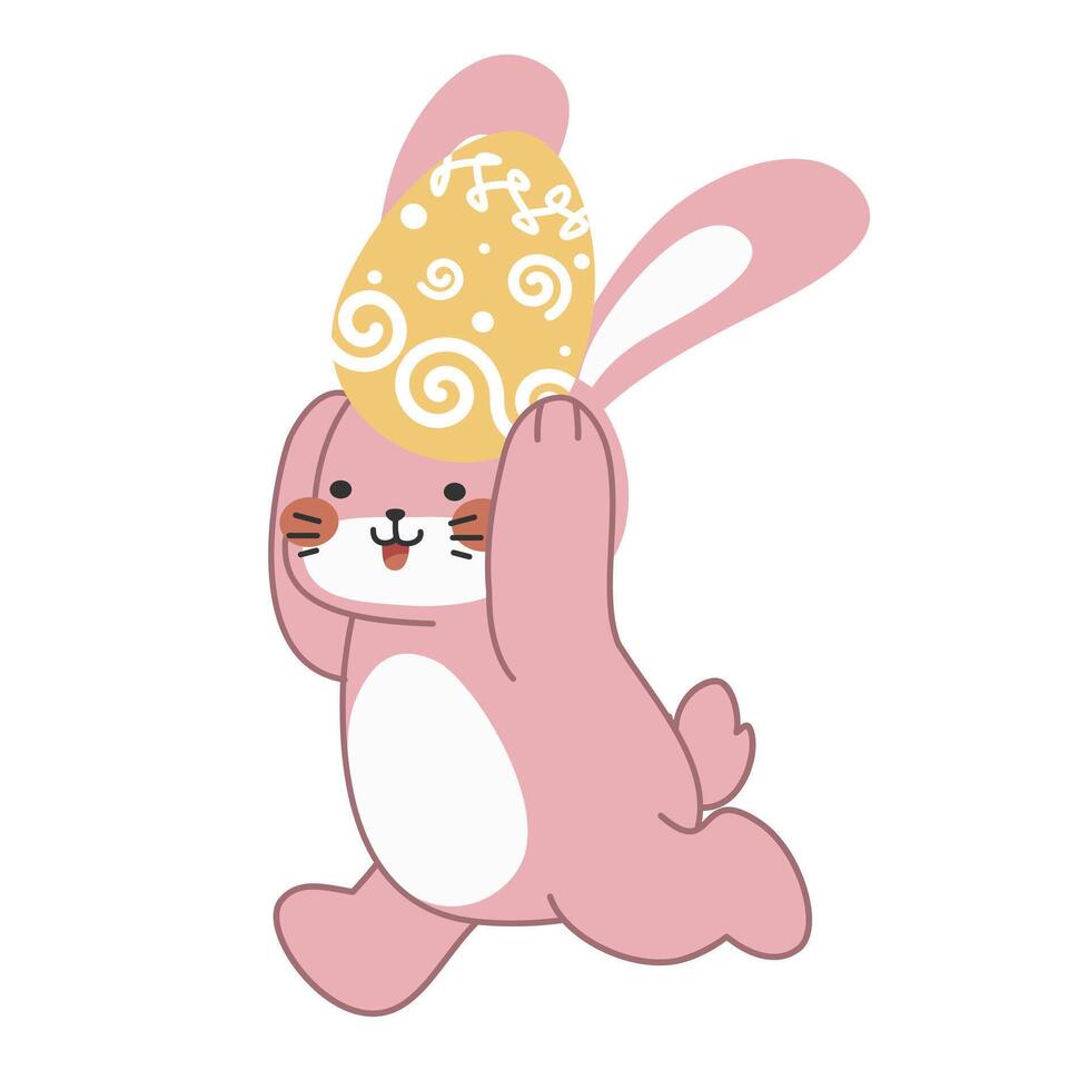 Cute little pink Easter bunny carrying an Easter egg on head. vector