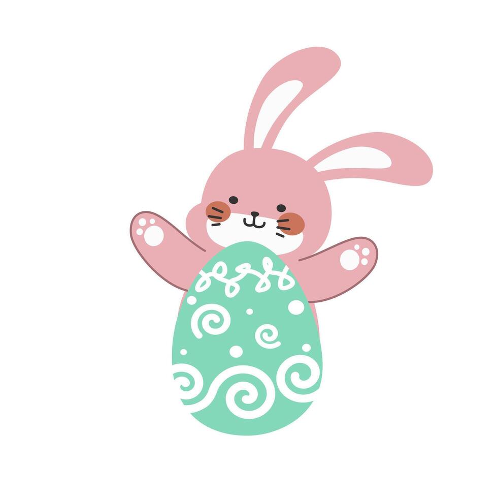 Cute little pink Easter bunny spread hands with an Easter egg cartoon vector