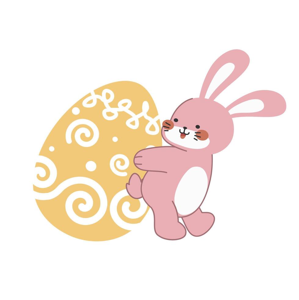 Cute little pink Easter bunny standing and carrying an Easter egg. vector