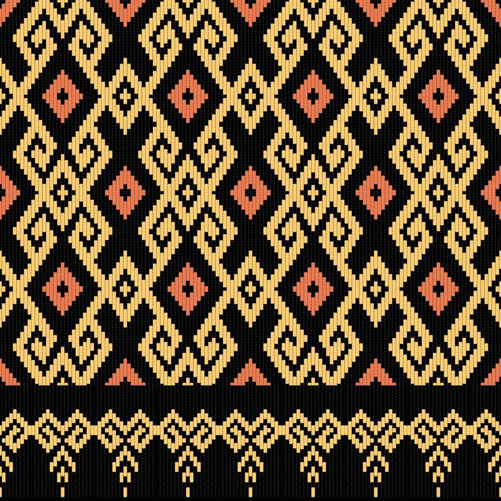 Yellow diamond-shaped geometric ethnic ikat seamless pattern with border on black for fabric textures, textile prints, and other digital prints. vector