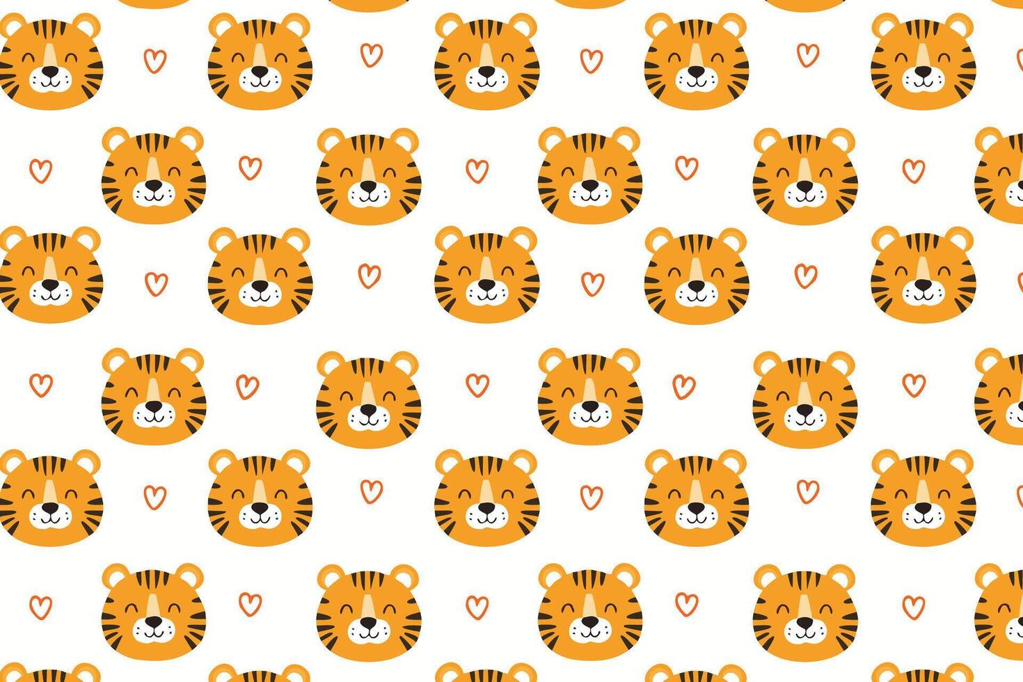 A pattern with cute tiger faces and hearts flat design vector