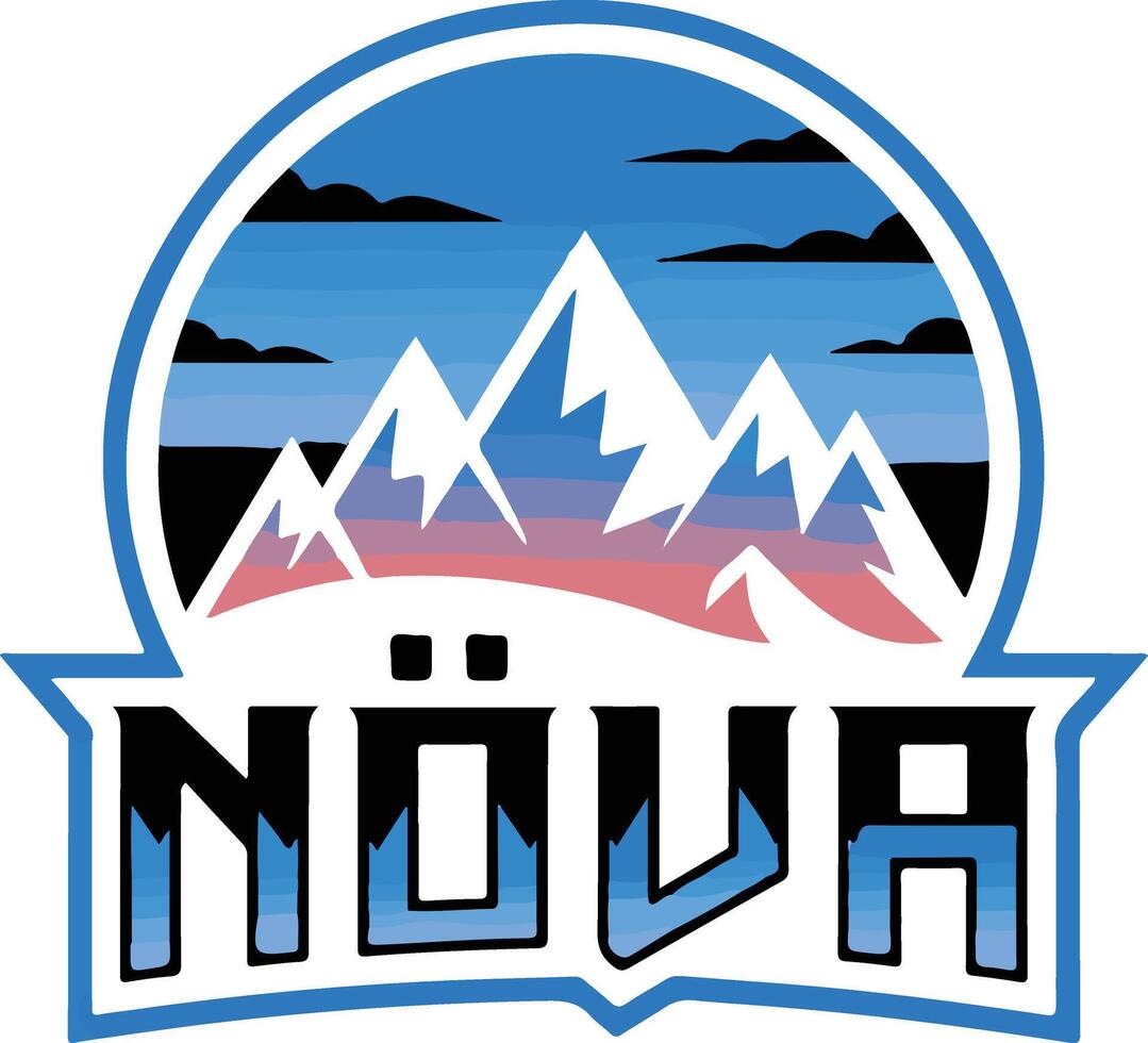 The logo features a stylized mountain range vector