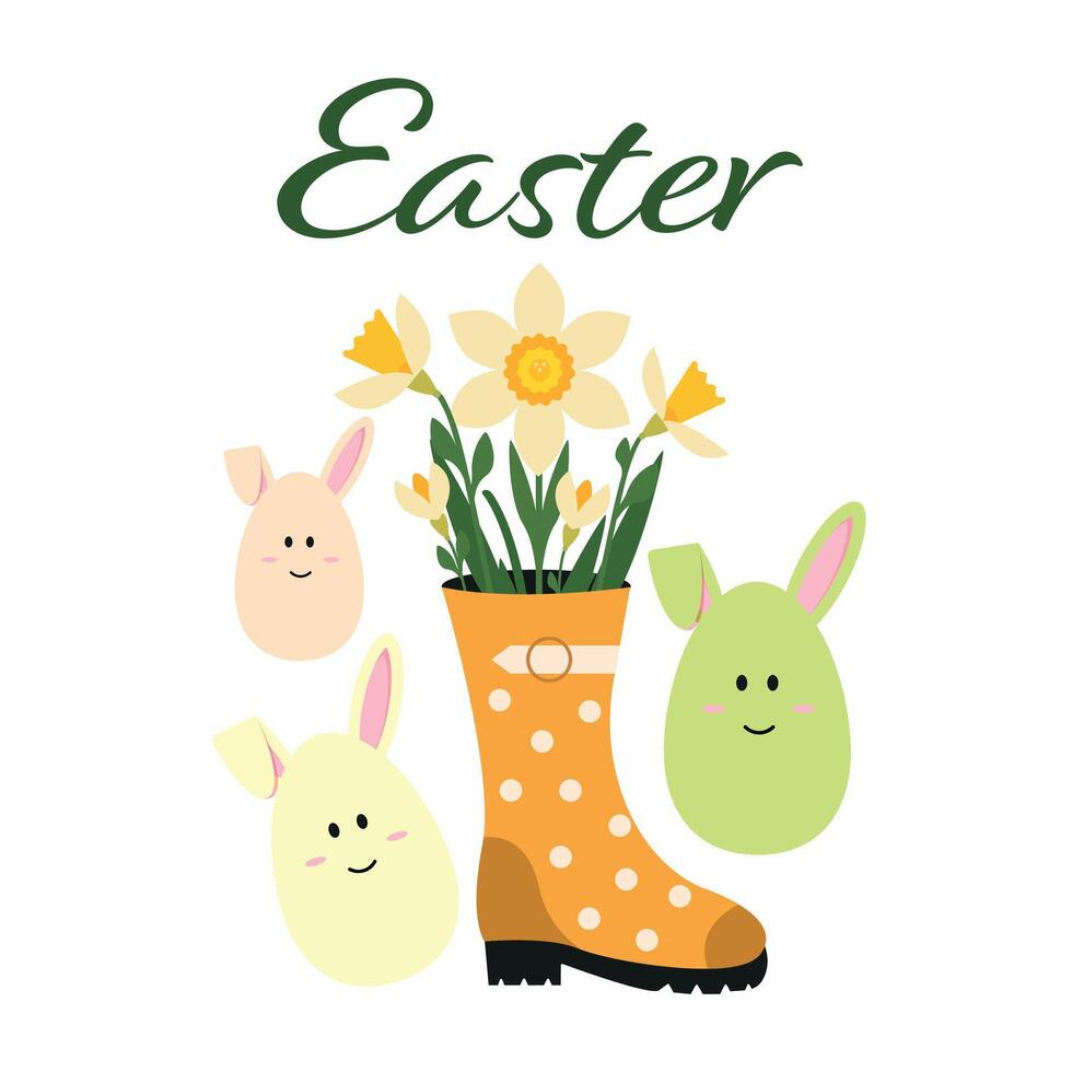 Spring Easter card with flowers in a boot and Easter eggs, bunnies. vector