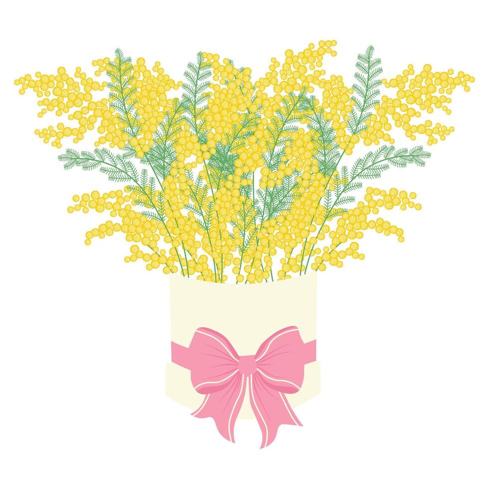 Bouquet of yellow mimosa in round box tied with ribbon with bow. Floral illustration in a soft, elegant style for spring holidays vector