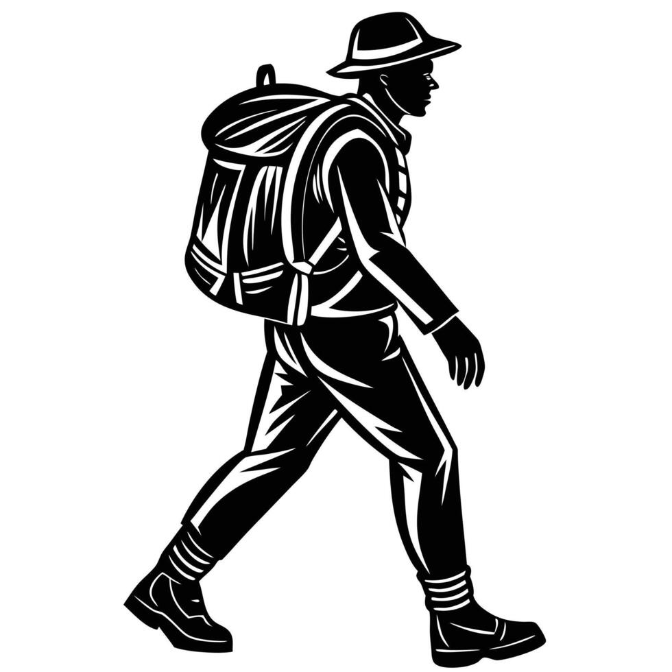 A silhouette of a man with a backpack walking vector