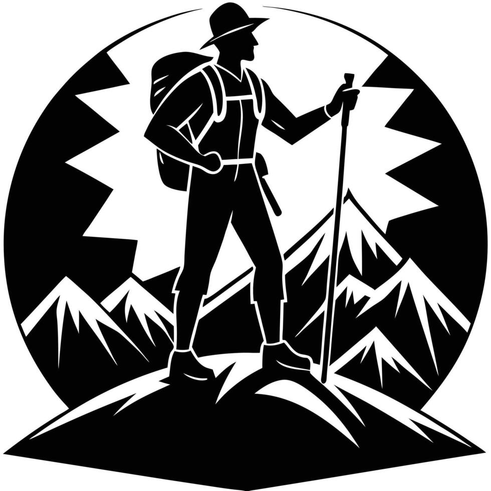 A black and white illustration of a man with a backpack and hiking poles vector