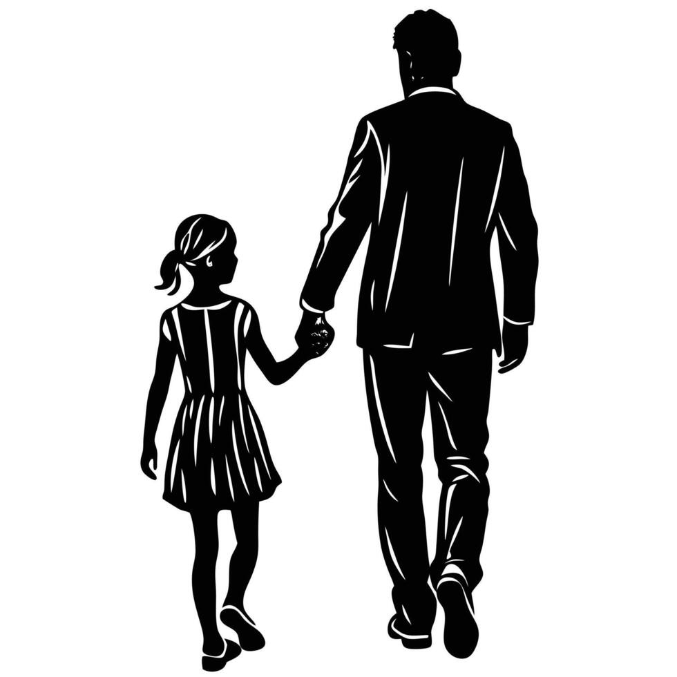 Silhouette of a father and daughter walking together vector