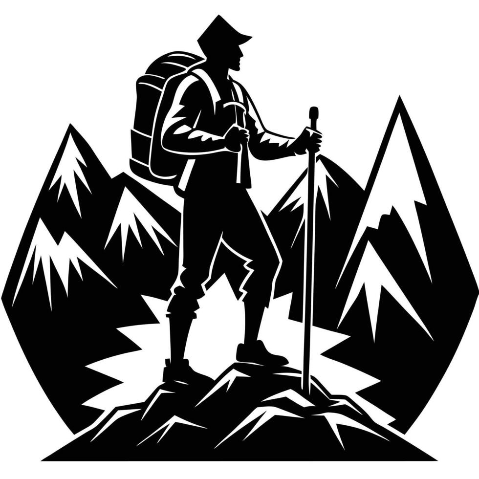 Hiker with backpack and poles vector