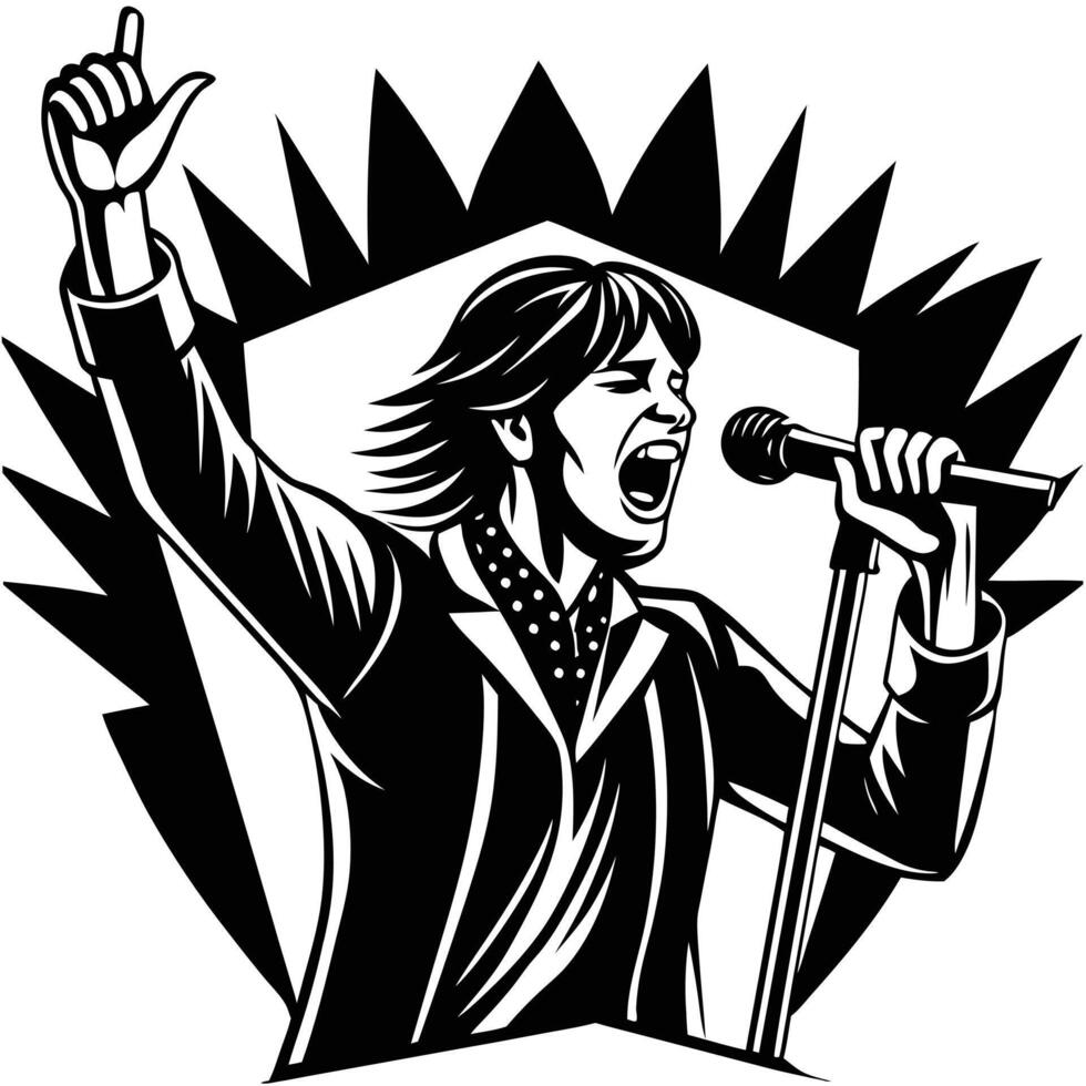 A woman singing into a microphone with her hand up vector